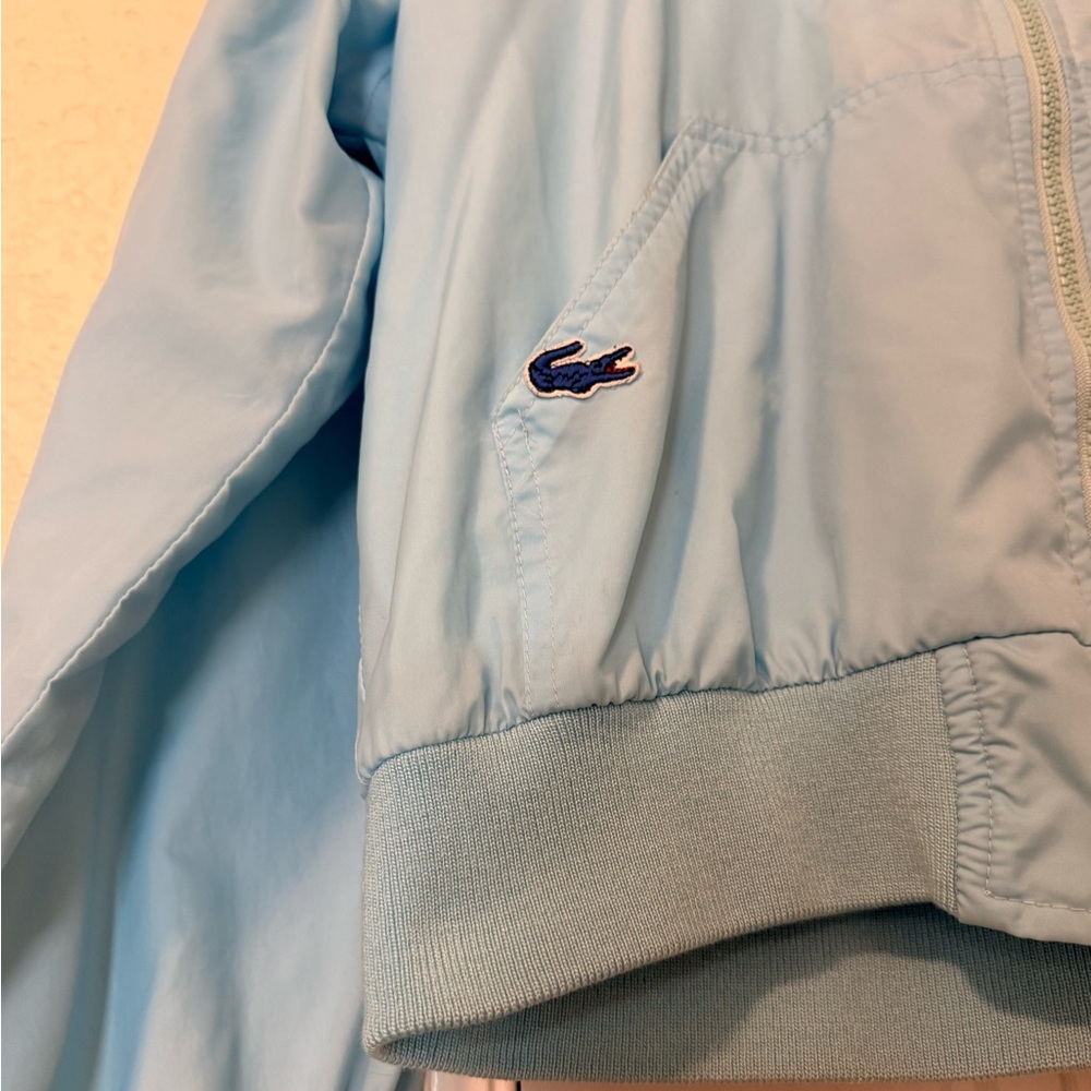 Vintage 90s Alligator Lacoste Logo Hooded Windbreaker Jacket Pastel Blue Terry L - Picture 3 of 8